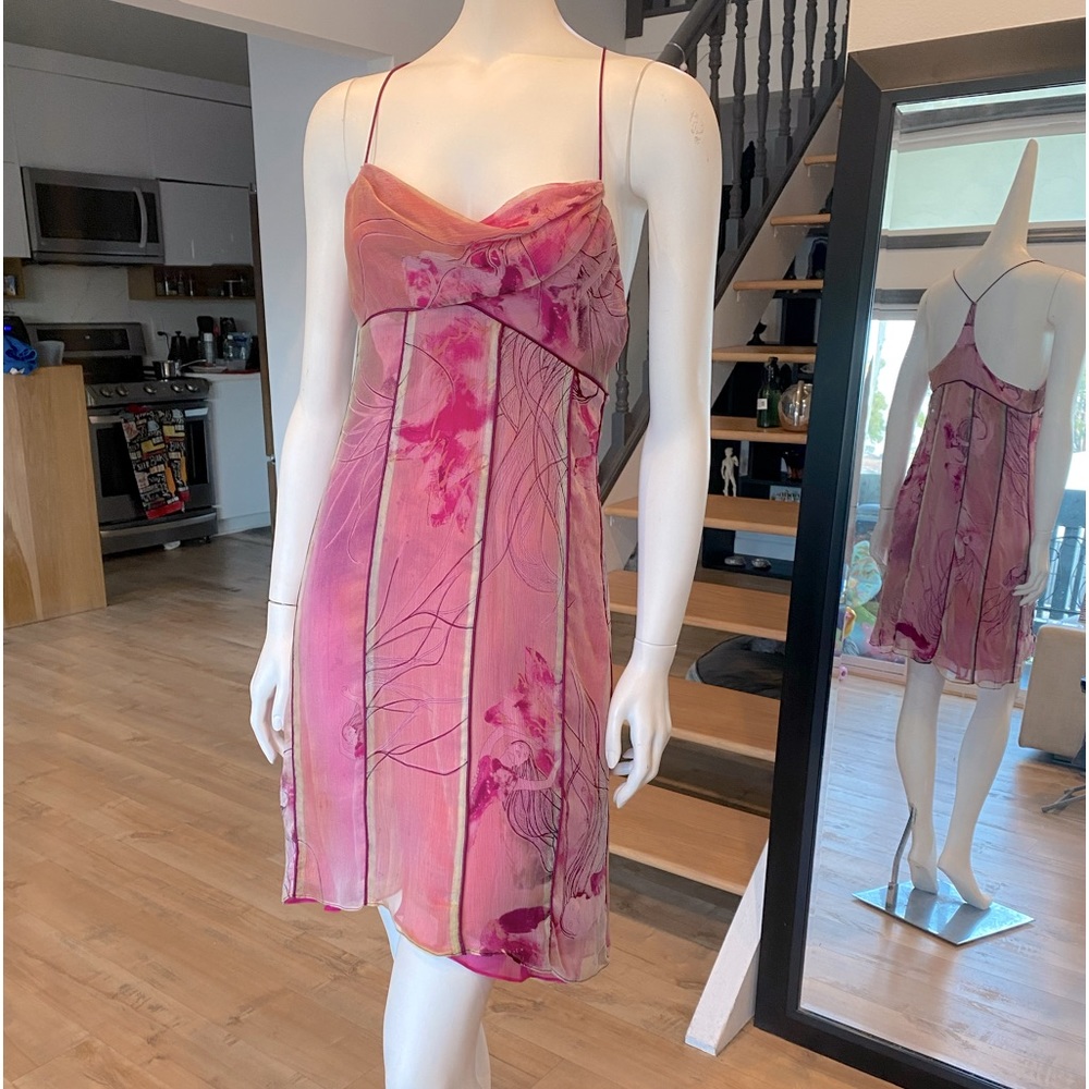 Silk chiffon dress watercolor print, midi strappy size 8 Catherine Malandrino